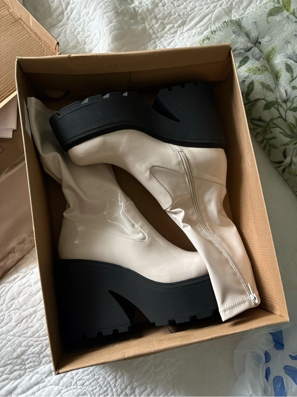 Platform Mid-Calf Boots in Cream Patent